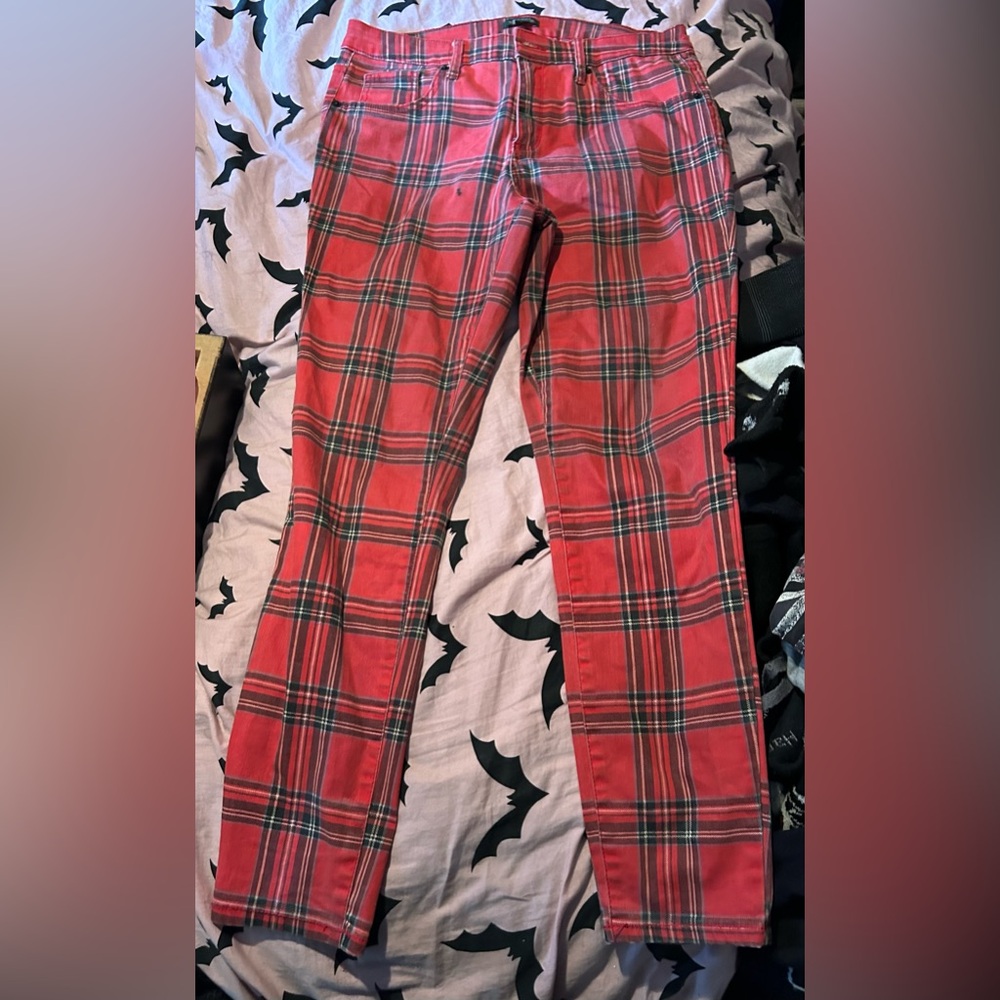 Tartan plaid stretch jeans pants hella nice to patch zip punk diy sz 10 - Picture 1 of 6